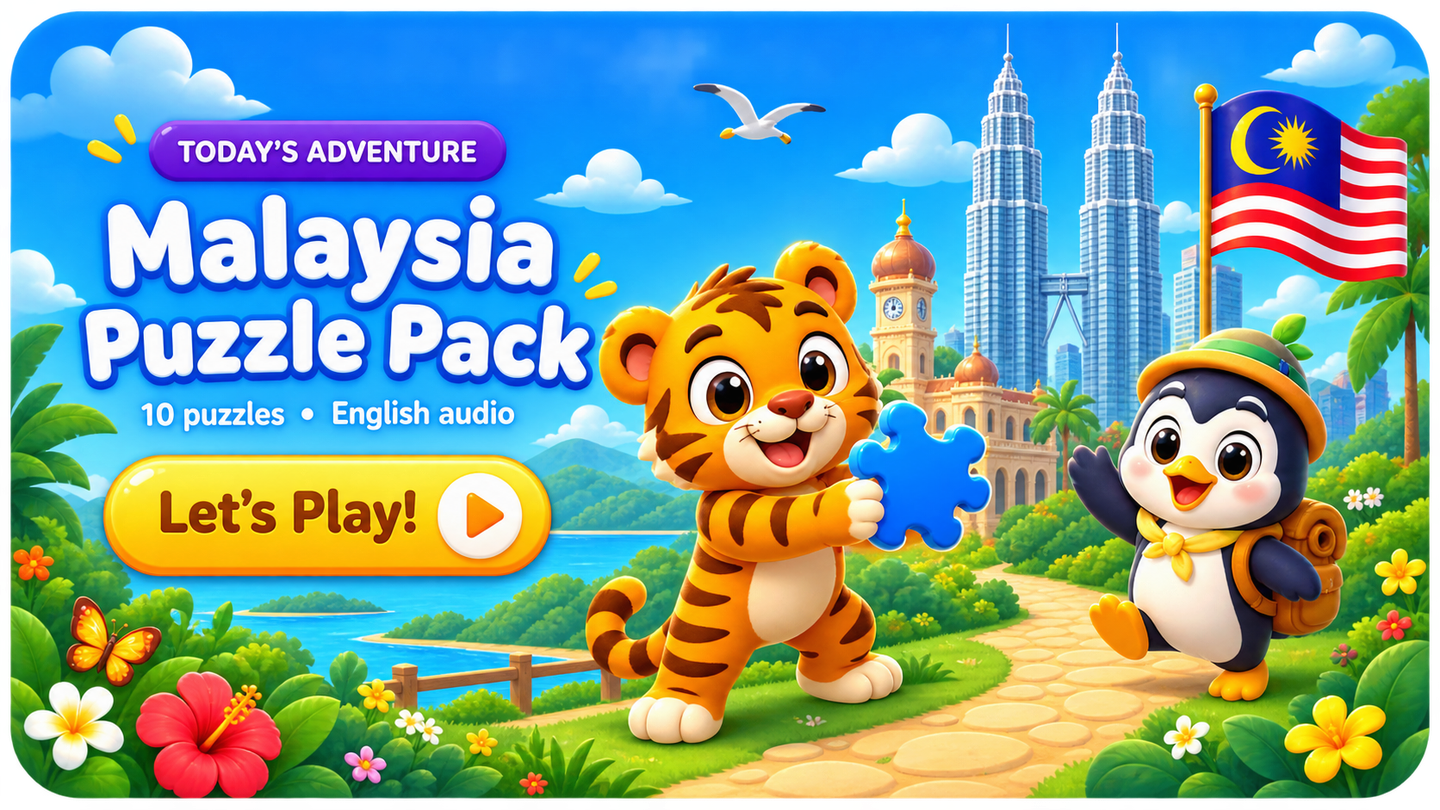 Malaysia Puzzle Pack with Malaysian landmarks and adventure characters